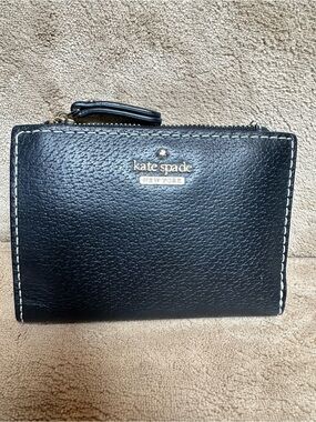 kate spade Black Pebbled Leather Zip-Around Wallet with Gold Logo